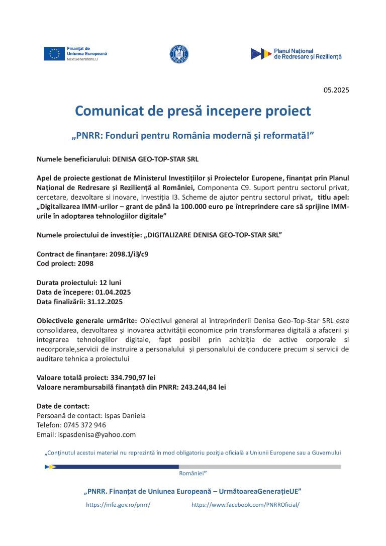 Comunicat de presă DENISA GEO-TOP-STAR SRL