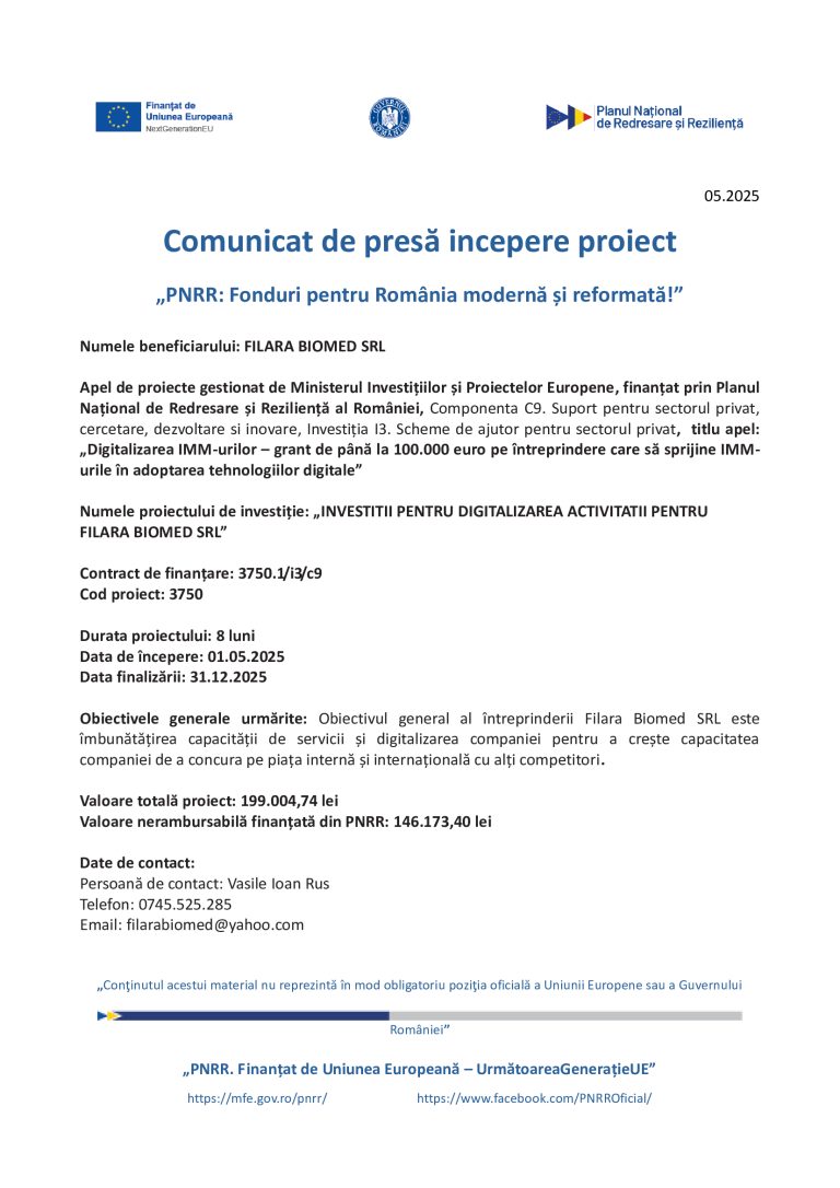 Comunicat de presă FILARA BIOMED SRL