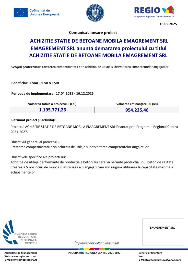 Comunicat lansare proiect EMAGREMENT SRL