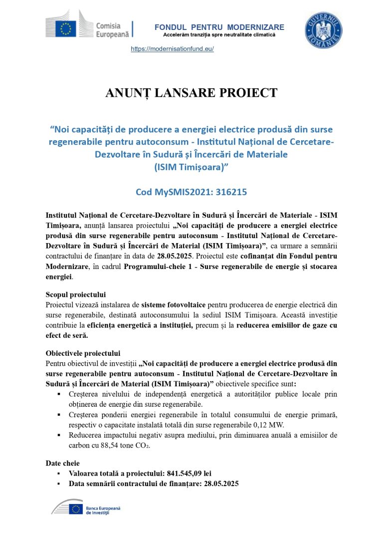 Comunicat de presă Institutul Național de Cercetare-Dezvoltare și Încercări de Materiale