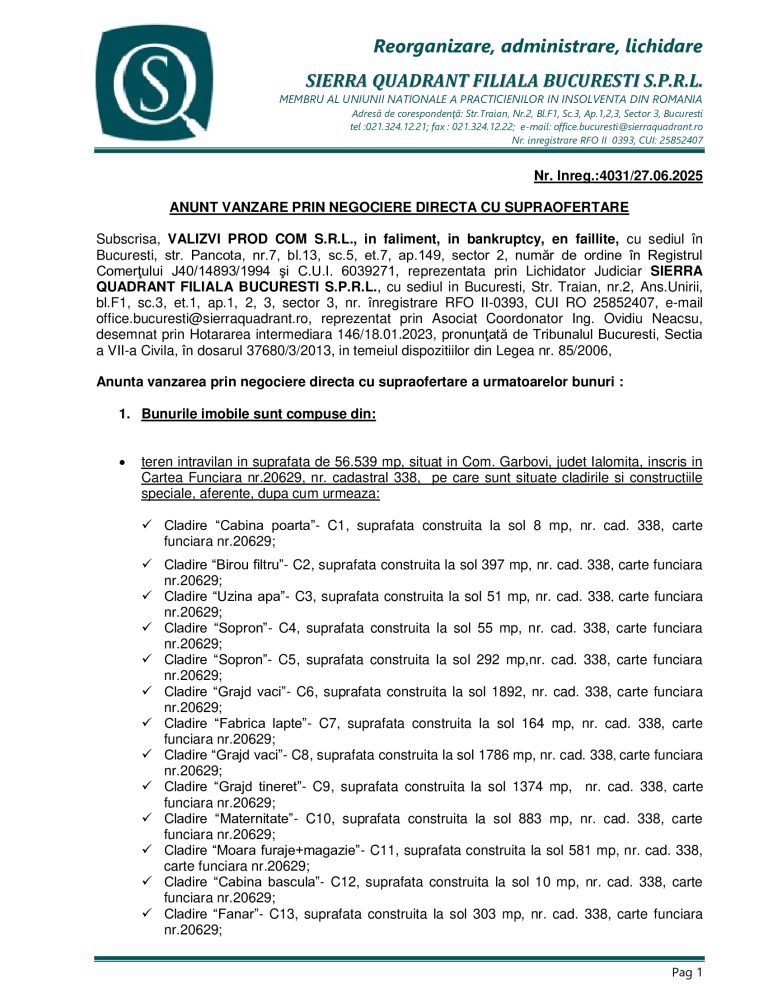 Anunț negociere directă VALIZI PROD COM SRL