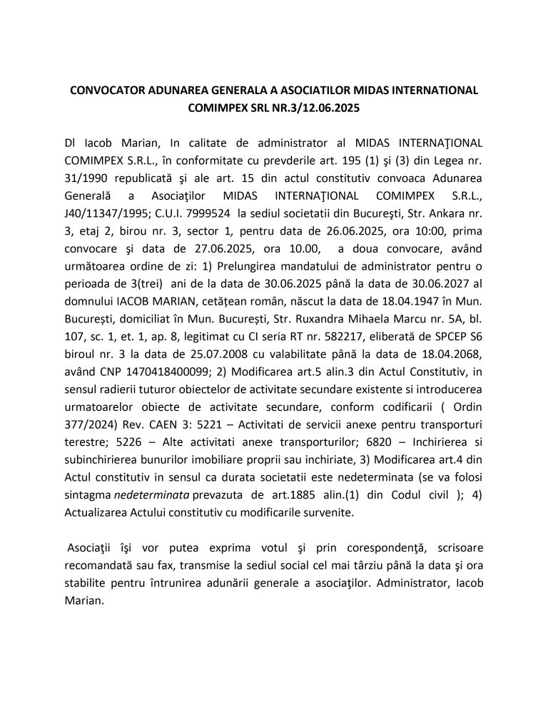 Anunț de presă MIDAS INTERNATIONAL COMIMPEX SRL