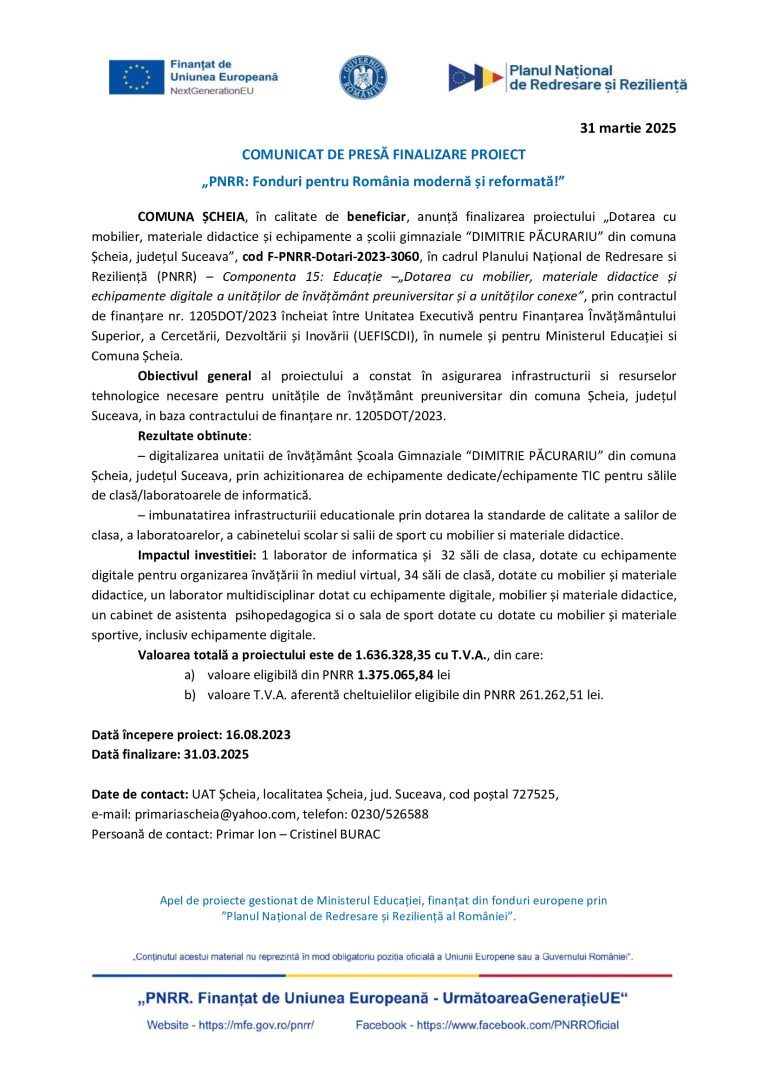 Comunicat de presă UAT Comuna Șcheia