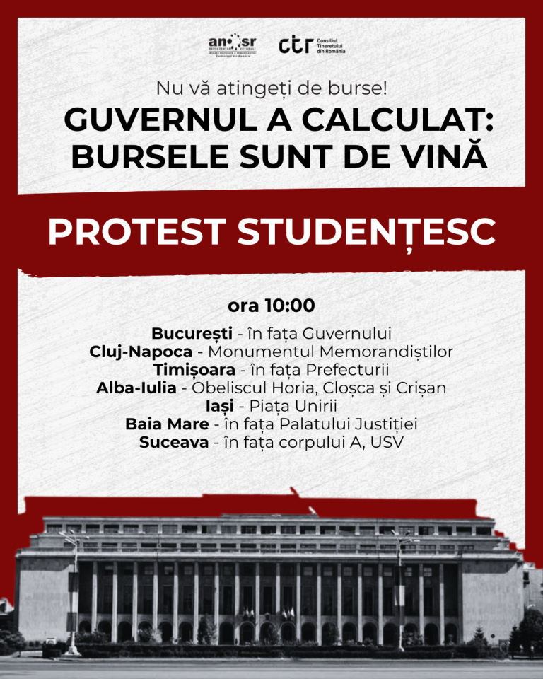 Studenții ies în stradă. Proteste în București și în mai multe orașe, faţă de intenţia Guvernului de a reduce fondurile alocate pentru burse
