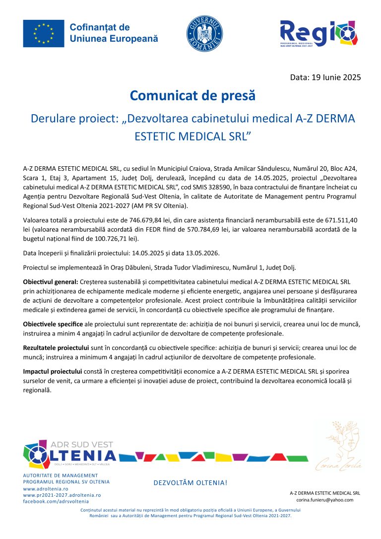 Comunicat de presă A-Z DERMA ESTETIC MEDICAL SRL