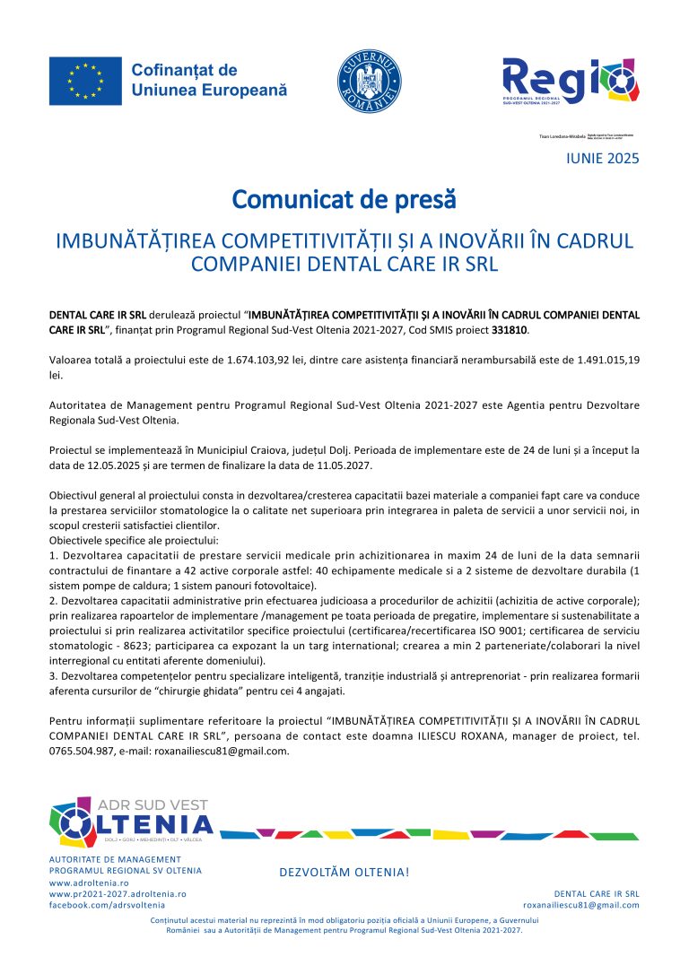 Comunicat de presă DENTAL CARE IR SRL