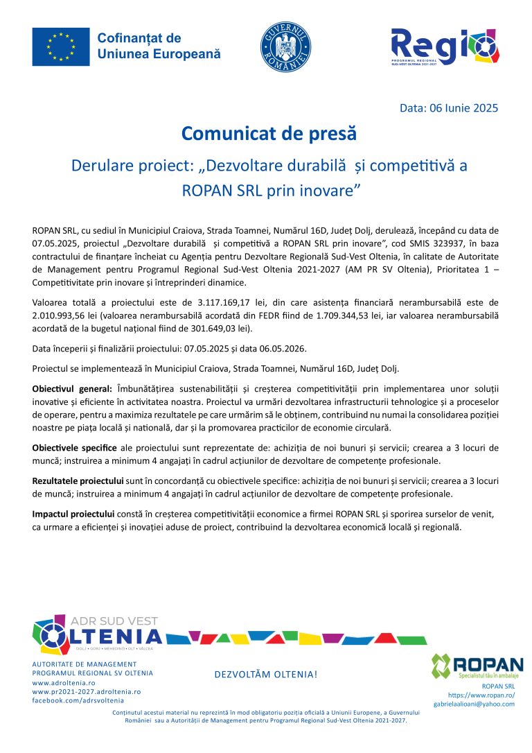 Comunicat de presă ROPAN SRL
