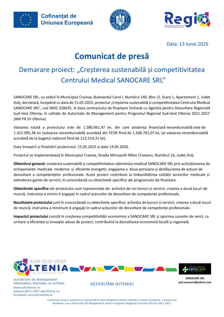 Comunicat de presă SANOCARE SRL
