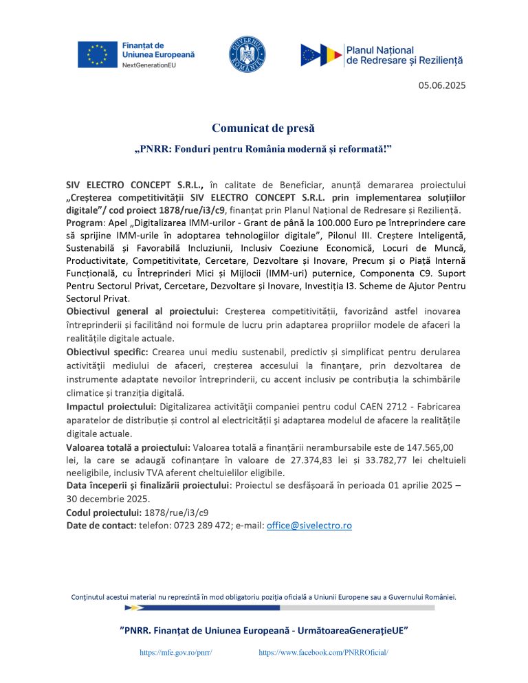 Comunicat de presă SIV ELECTRO CONCEPT S.R.L.