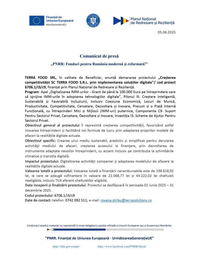 Comunicat de presă TERRA FOOD SRL