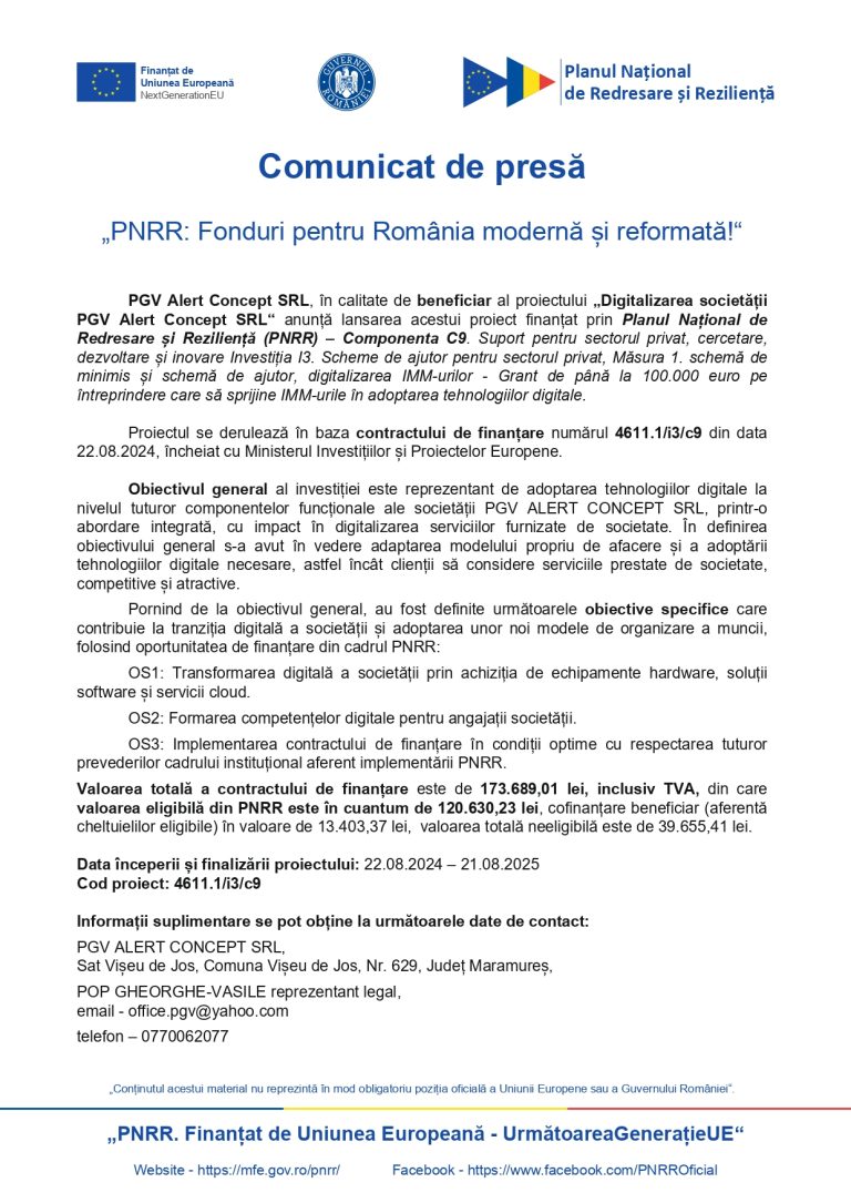 Comunicat de presă PGV Alert Concept SRL