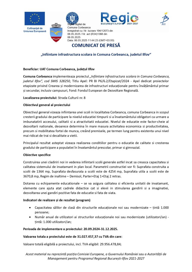 Comunicat de presă UAT Comuna Corbeanca