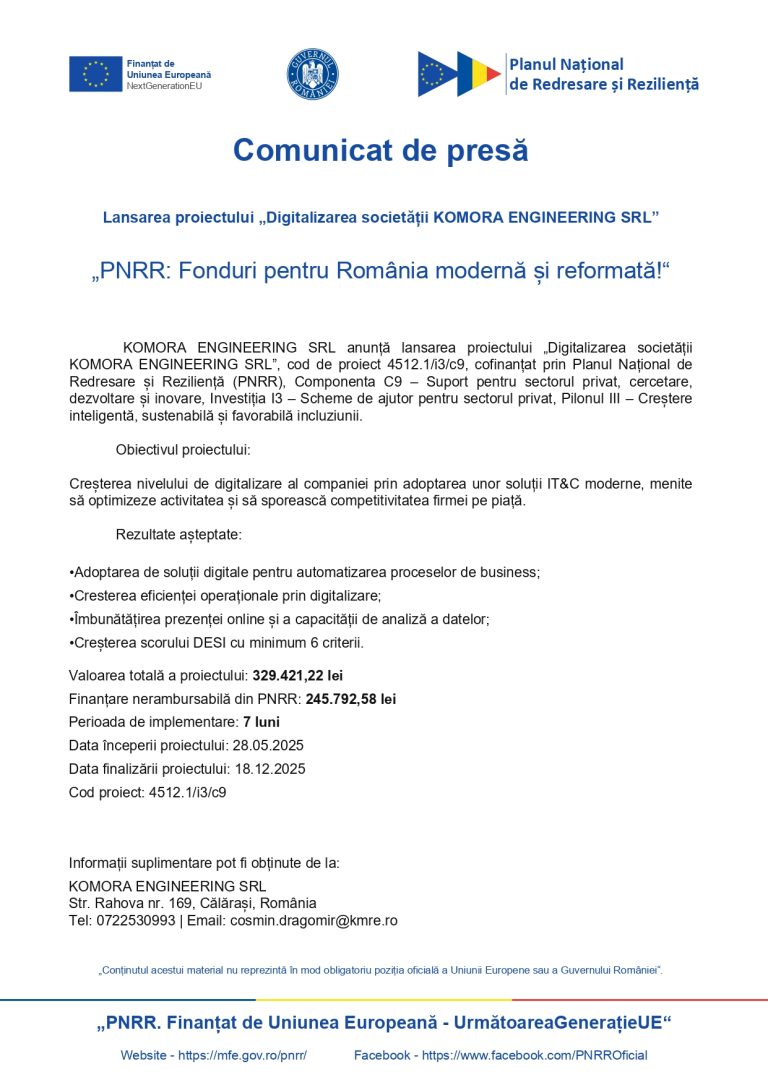 Comunicat de presă KOMORA ENGINEERING SRL