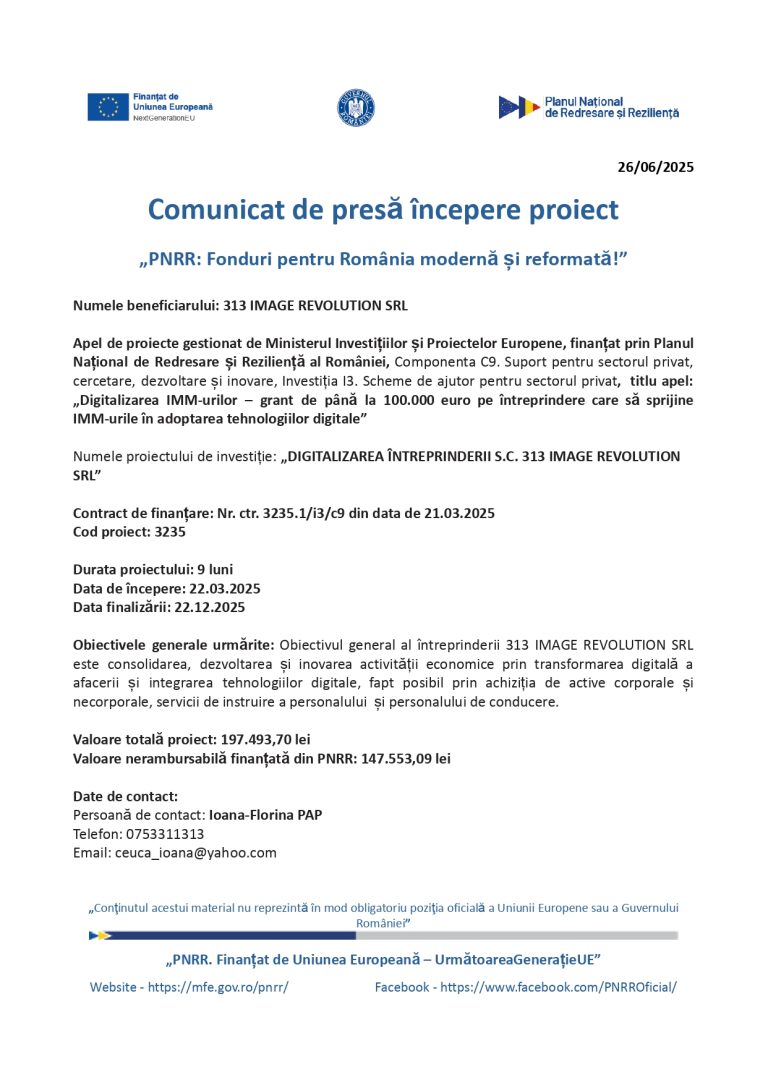 Comunicat de presă 313 IMAGE REVOLUTION SRL