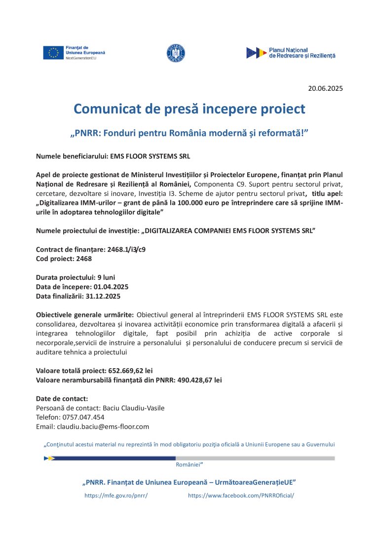 Comunicat de presă EMS FLOOR SYSTEMS SRL