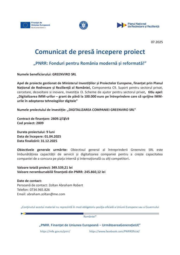 Comunicat de presă GREENVIRO SRL