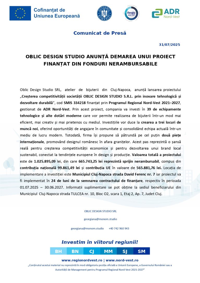 Comunicat de presă OBLIC DESIGN STUDIO SRL