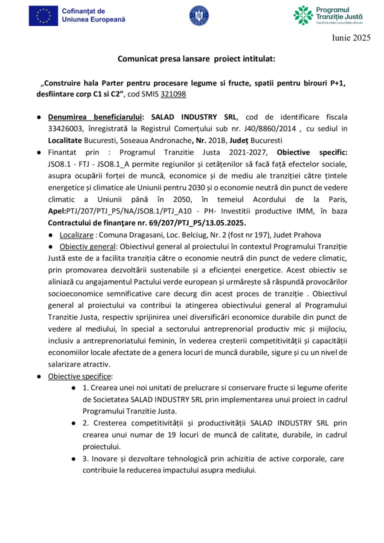 Comunicat de presă SALAD INDUSTRY SRL
