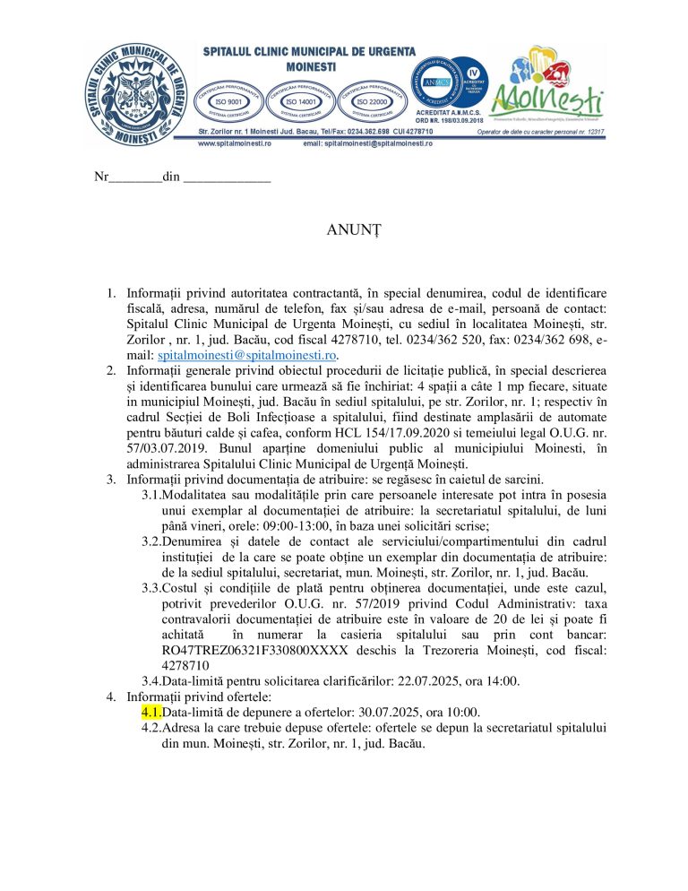 Anunț de presă SPITALUL  CLINIC MUNICIPAL DE URGENTA MOINESTI