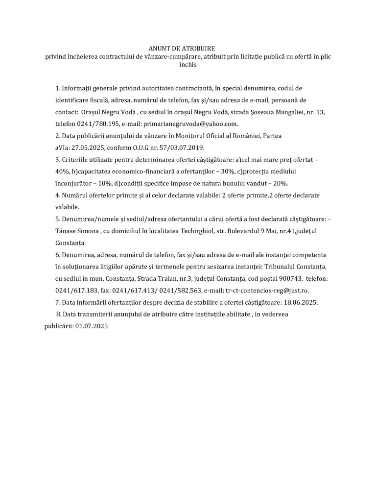 Anunț de atribuire UAT Orașul Negru Vodă