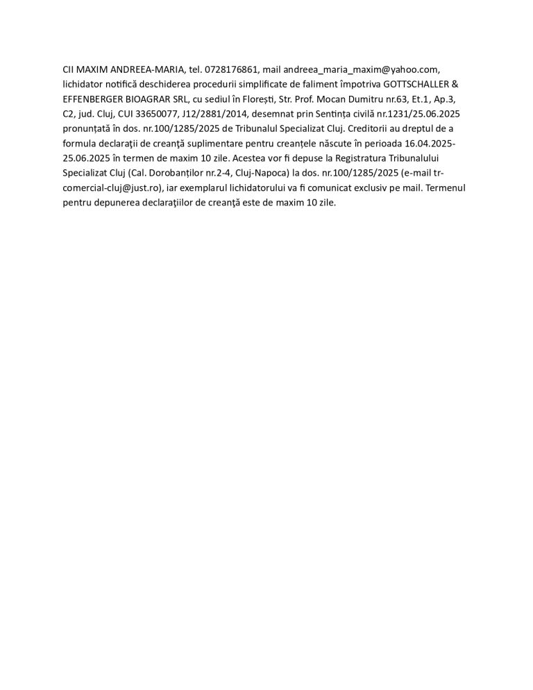 Anunț de presă GOTTSCHALLER & EFFENBERGER BIOAGRAR SRL