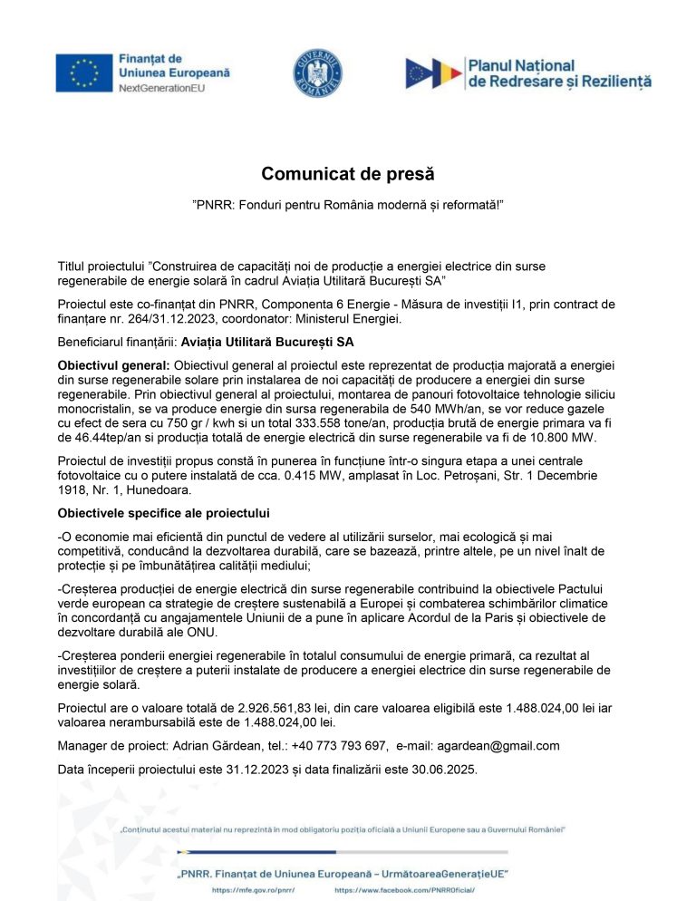 Comunicat de presă Aviația Utilitară București SA