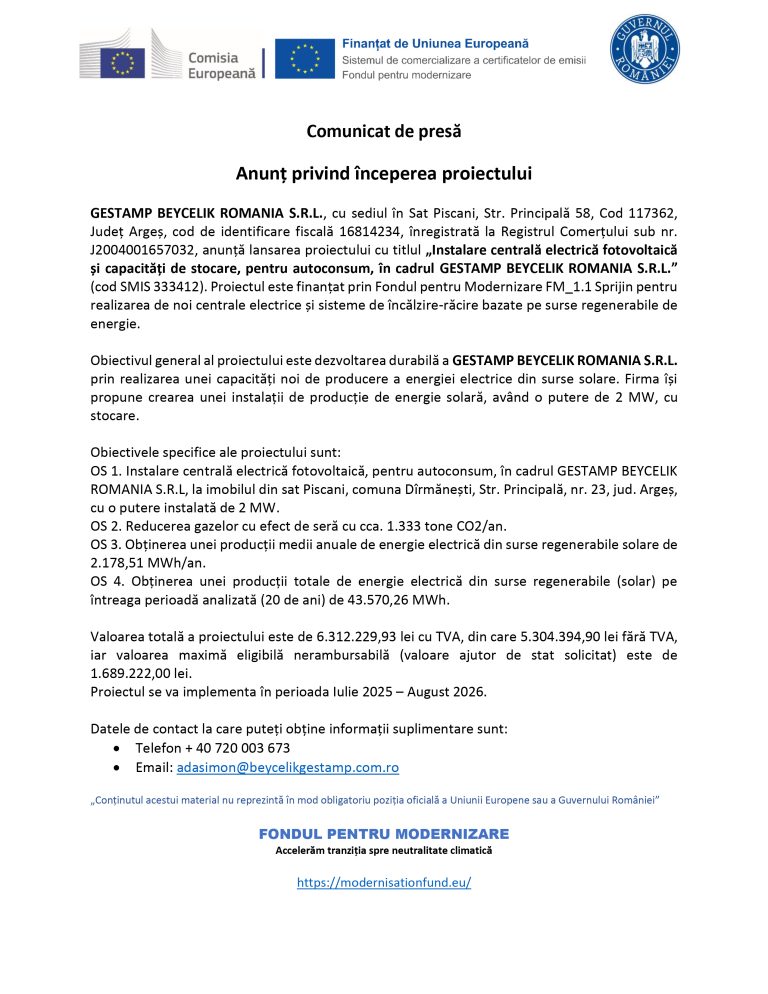 Comunicat de presă GESTAMP BEYCELIK ROMANIA SRL