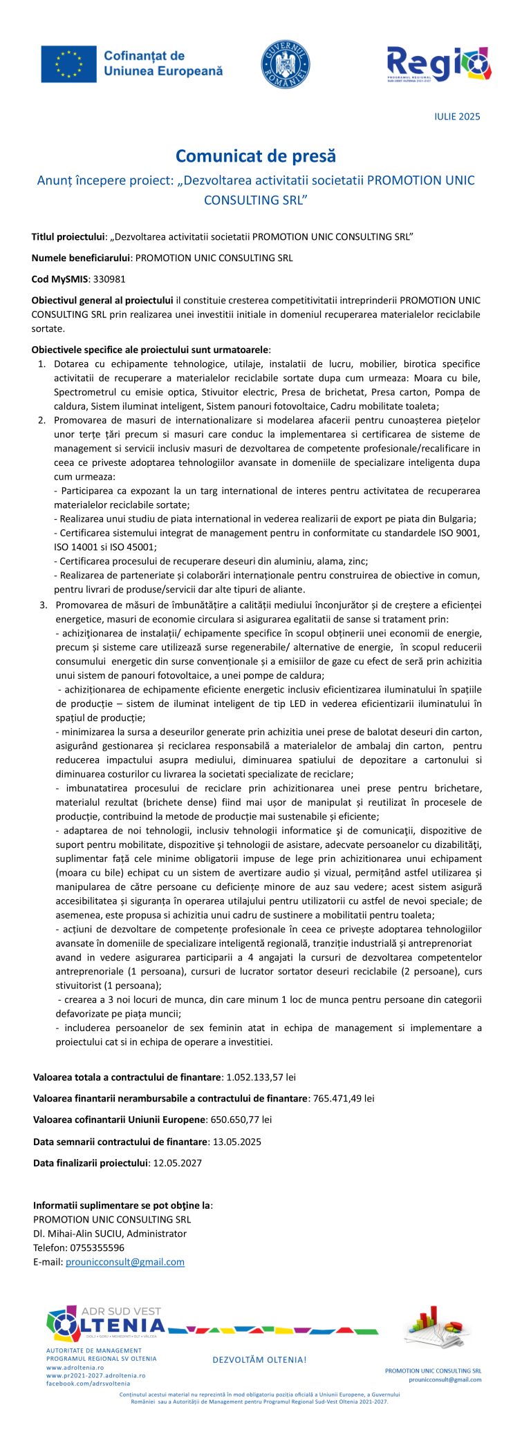 Comunicat de presă PROMOTION UNIC CONSULTING SRL