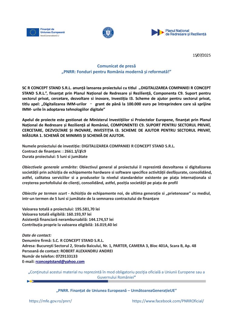 Comunicat de presă SC R CONCEPT STAND S.R.L.