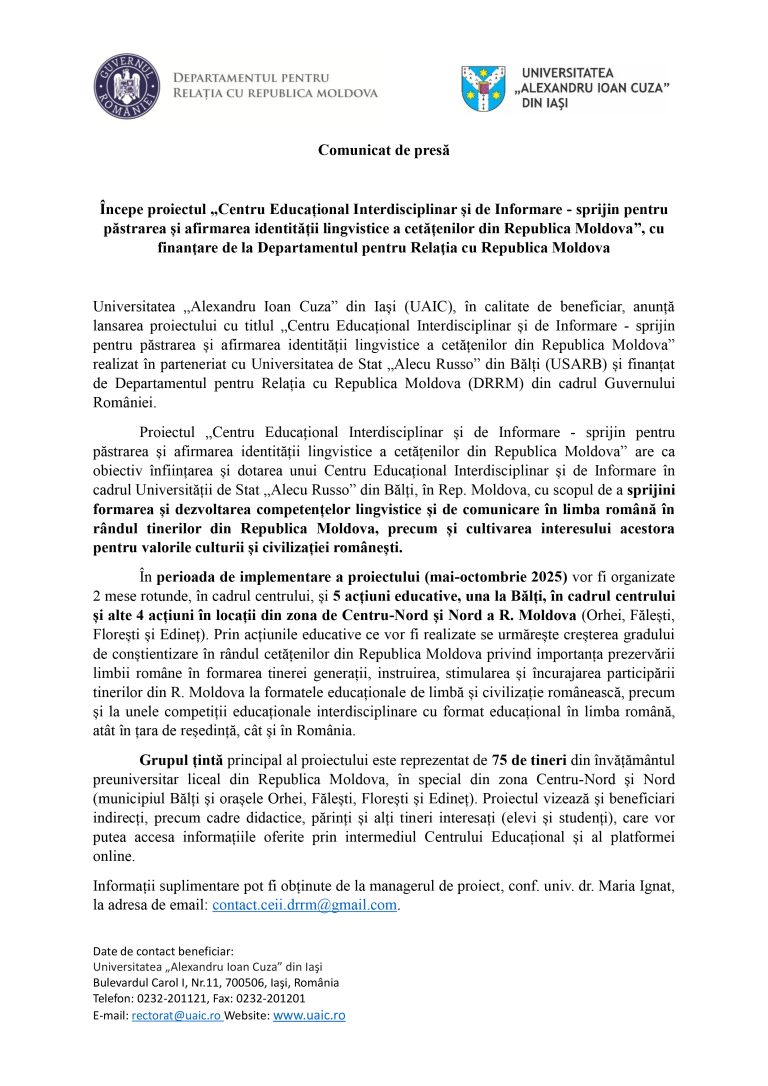 Comunicat de presă Universitatea „Alexandru Ioan Cuza” din Iași (UAIC)