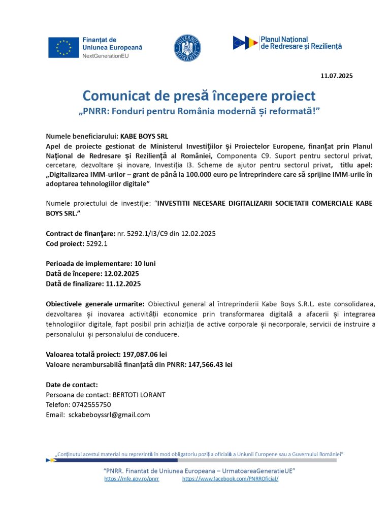 Comunicat de presă KABE BOYS SRL