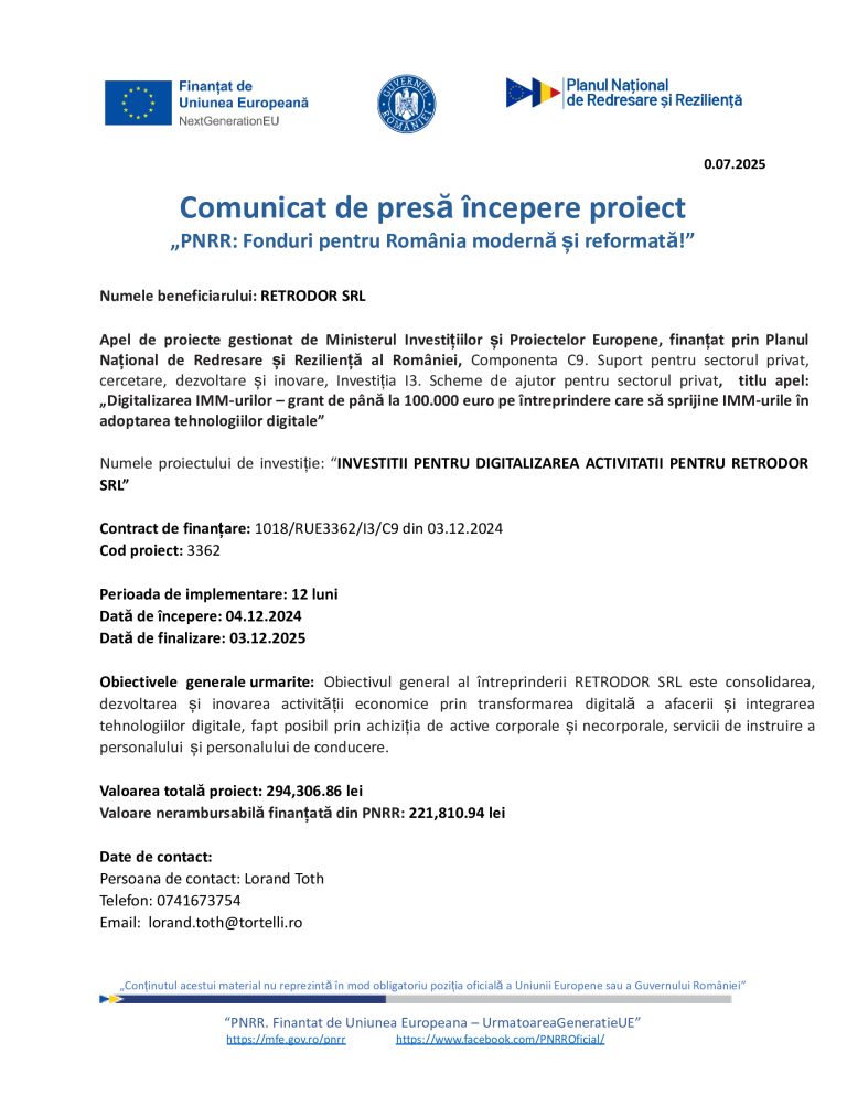 Comunicat de presă RETRODOR SRL