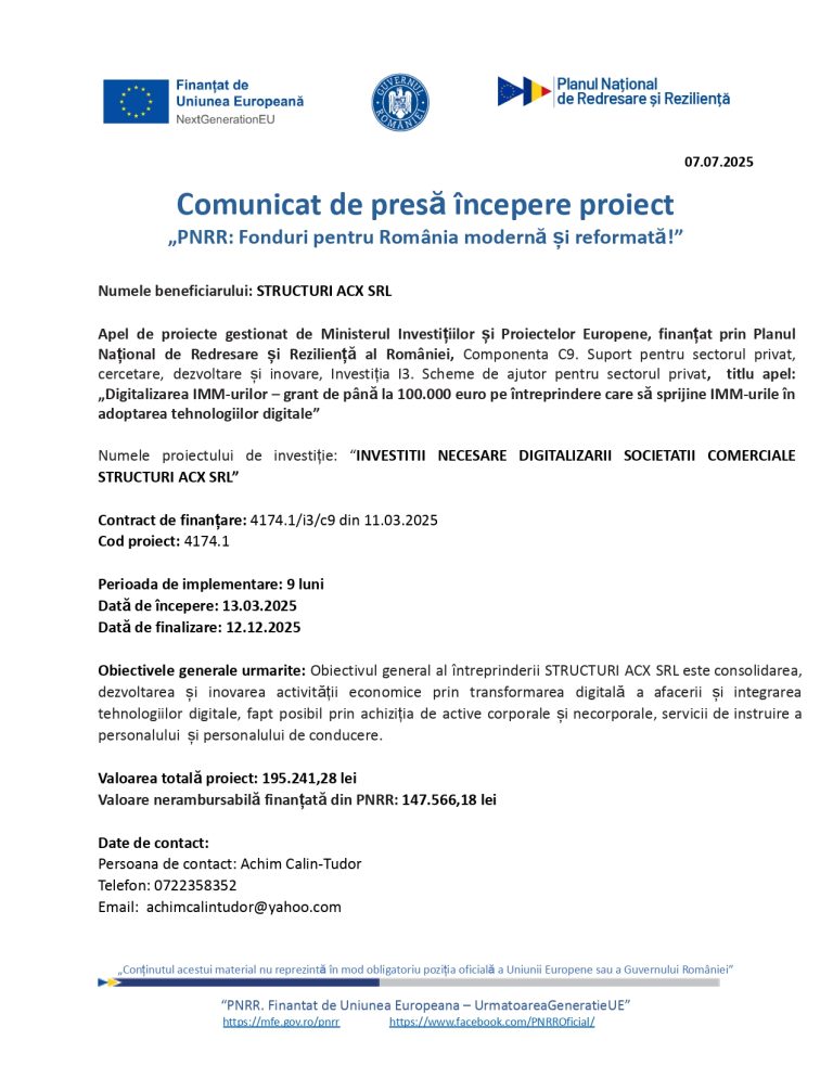 Comunicat de presă STRUCTURI ACX SRL
