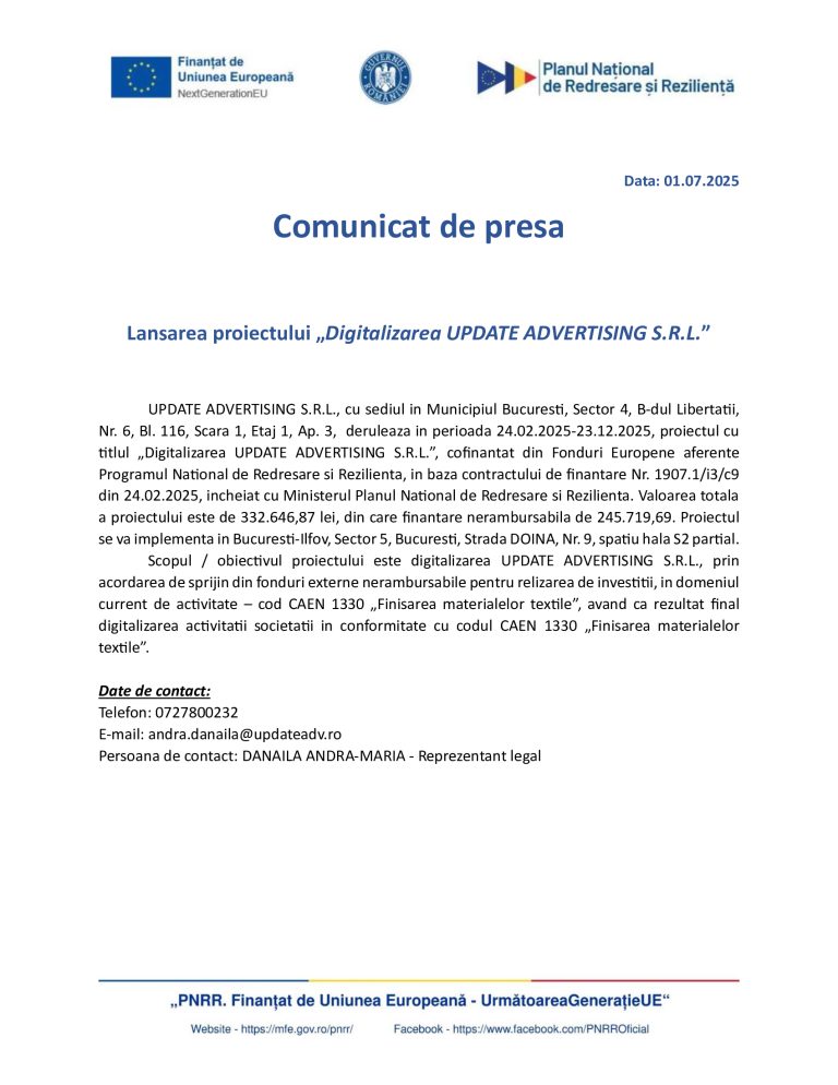 Comunicat de presă UPDATE ADVERTISING SRL