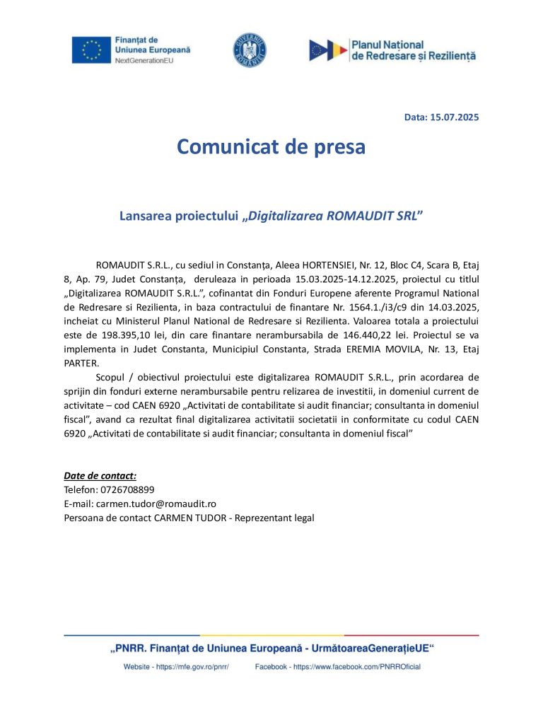 Comunicat de presă ROMAUDIT SRL