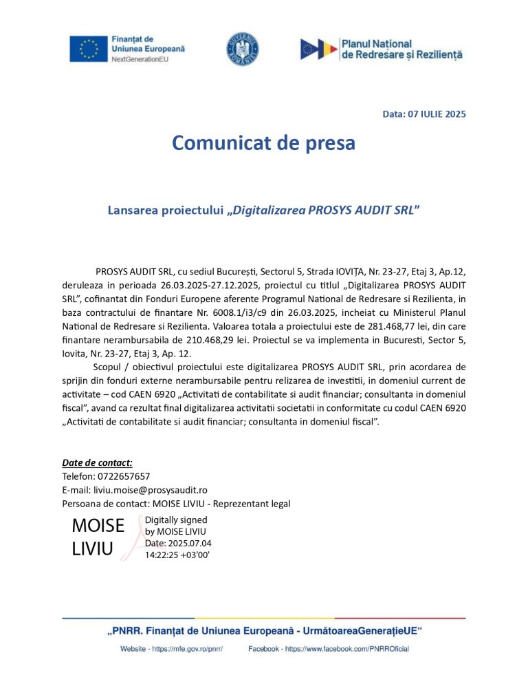 Comunicat de presă PROSYS AUDIT SRL