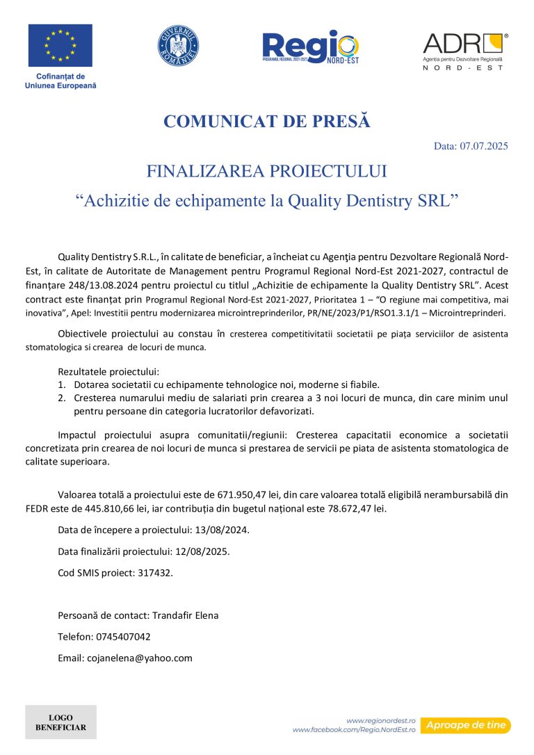 Comunicat de presă Quality Dentistry SRL
