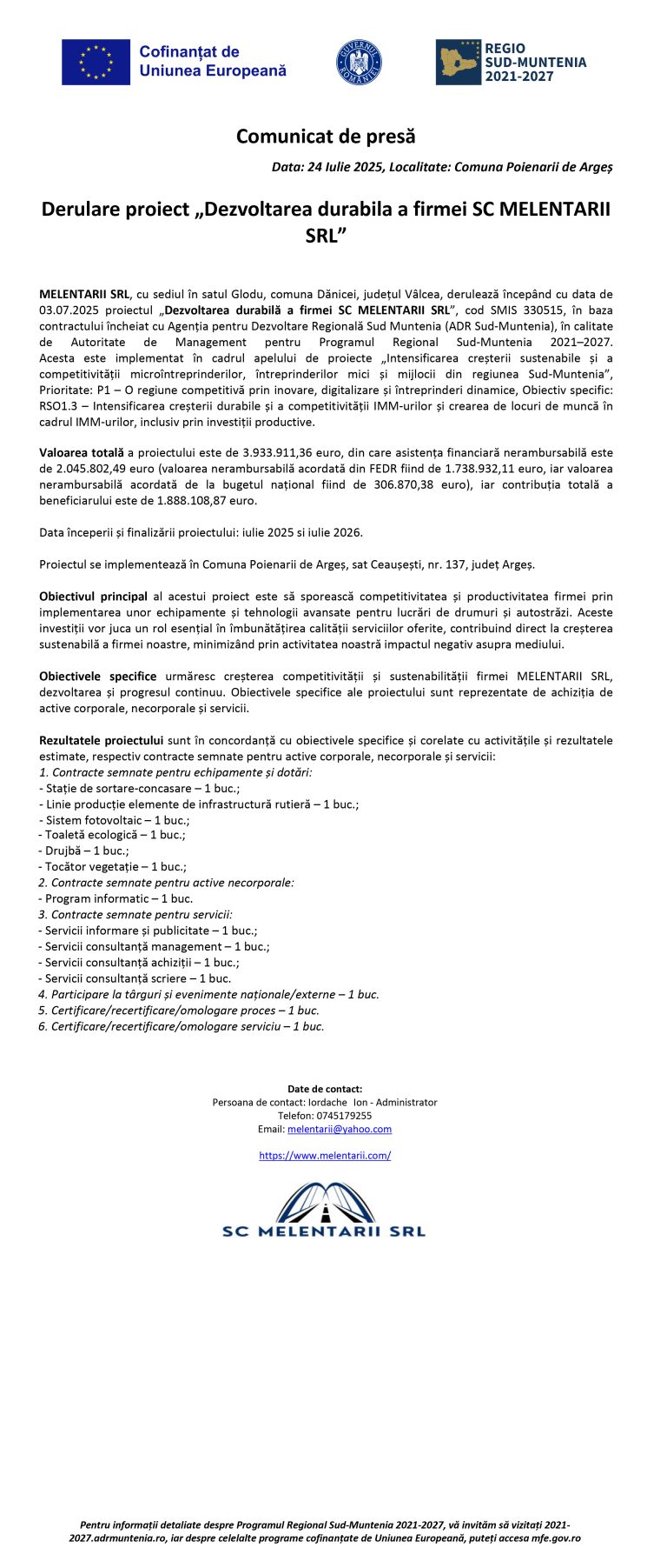 Comunicat de presă MELENTARII SRL