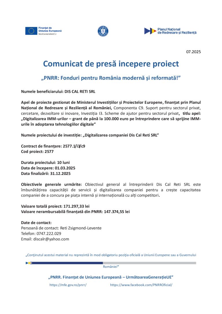 Comunicat de presă Dis Cal Reti SRL