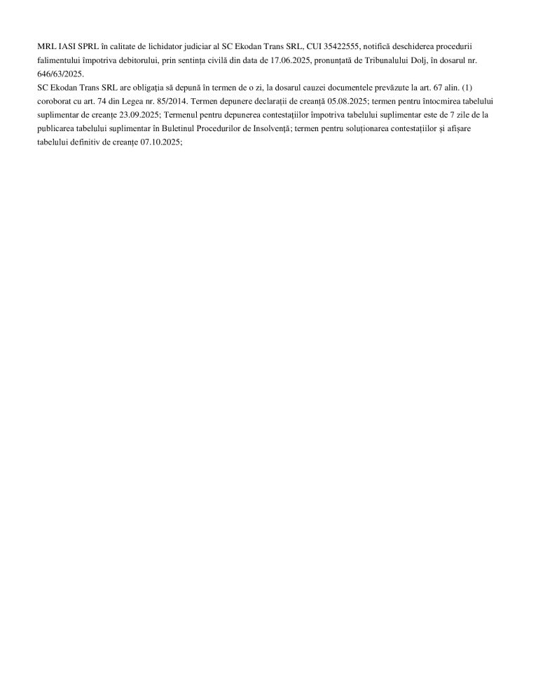 Anunț de notificare Ekodan Trans SRL