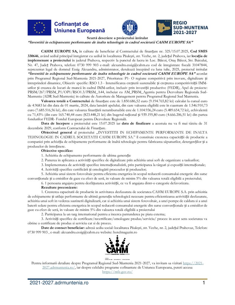 Comunicat de presă CAHM EUROPE SA