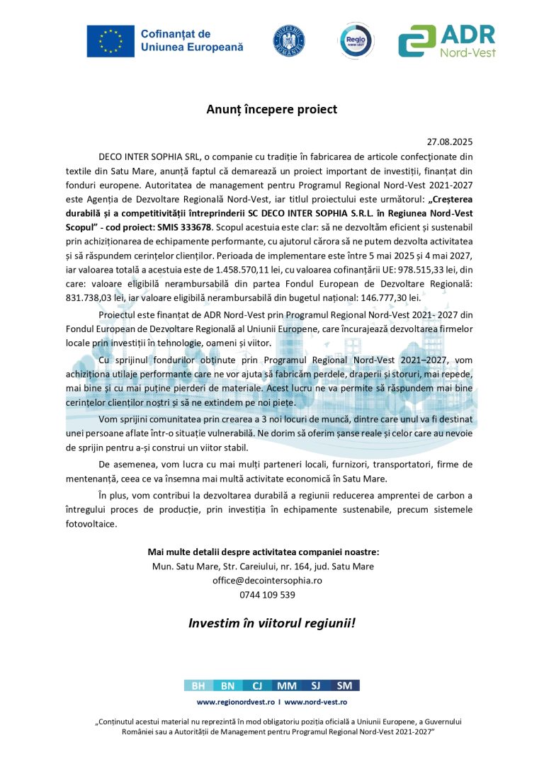 Comunicat de presă DECO INTER SOPHIA SRL