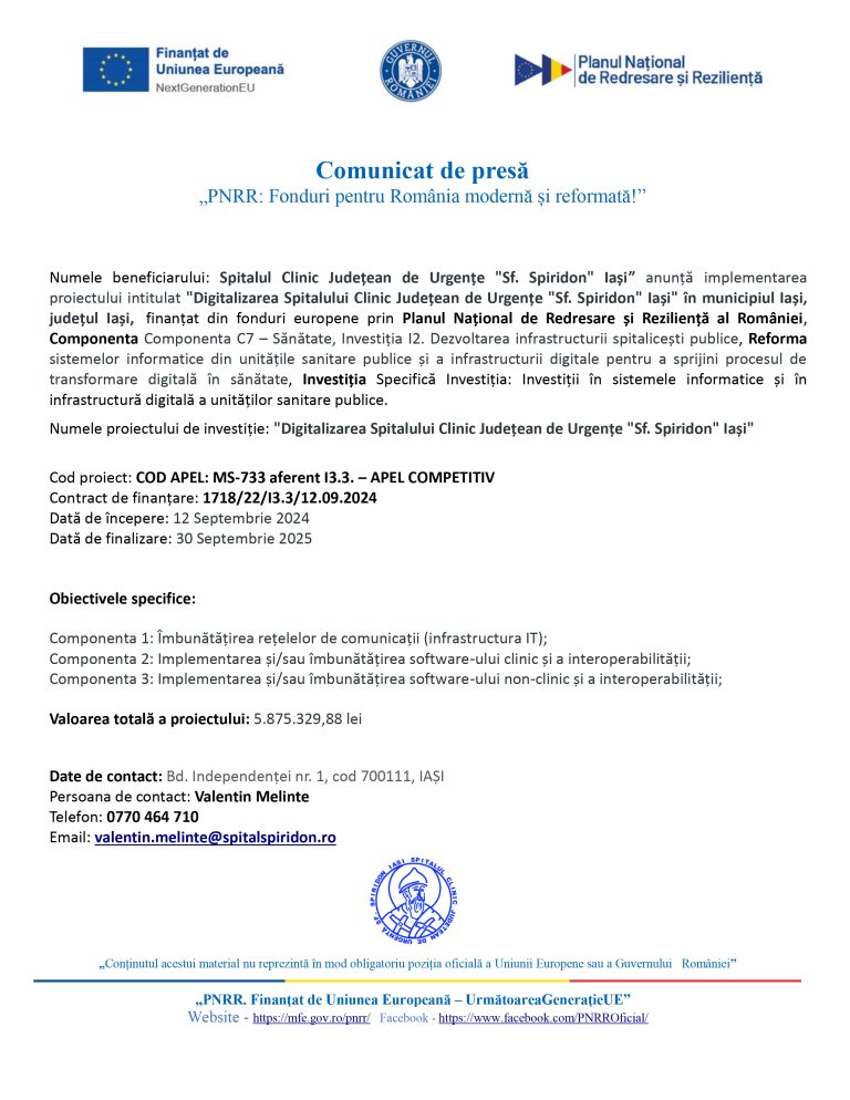 Comunicat de presă Spitalul Clinic Județean de Urgențe Sf. Spiridon Iași