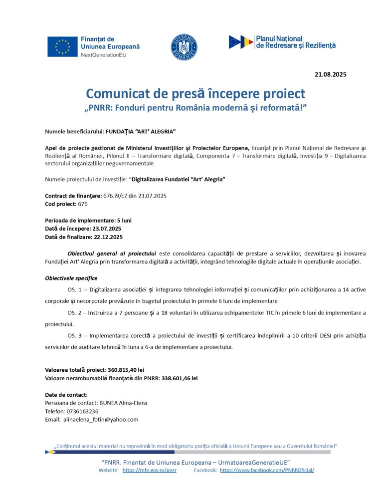 Comunicat de presă FUNDATIA „ART ALEGRIA”