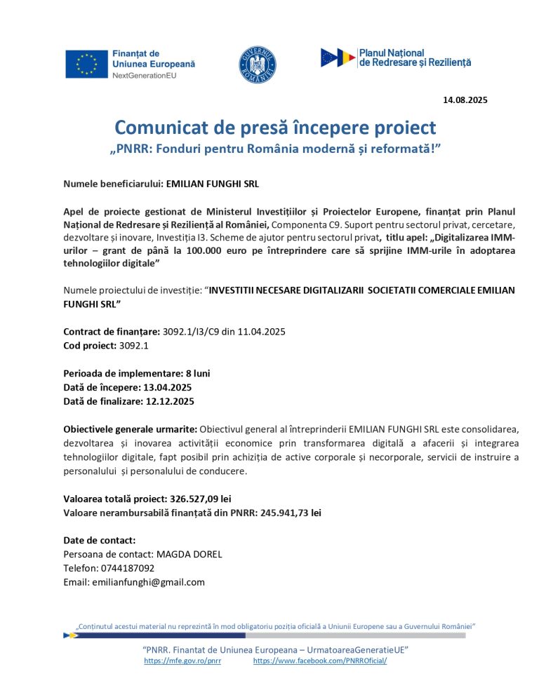 Comunicat de presă EMILIAN FUNGHI SRL
