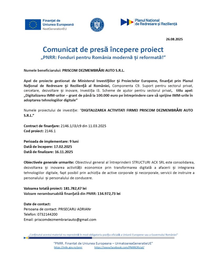 Comunicat de presă PRISCOM DEZMEMBRĂRI AUTO S.R.L.