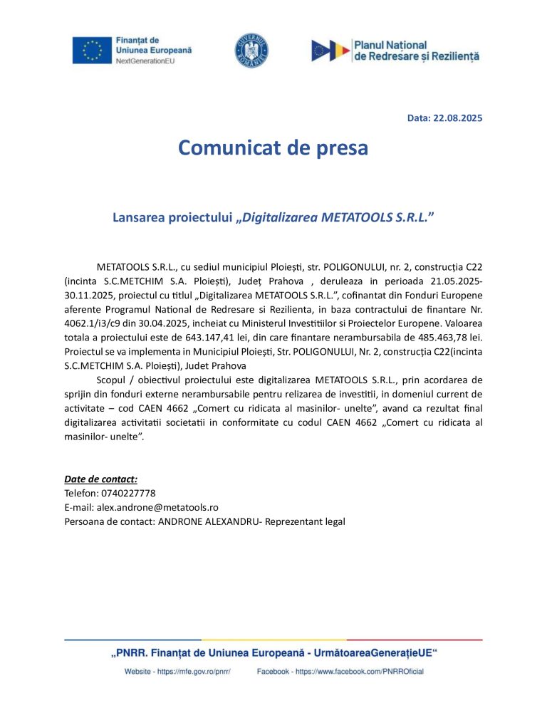 Comunicat de presă METATOOLS SRL