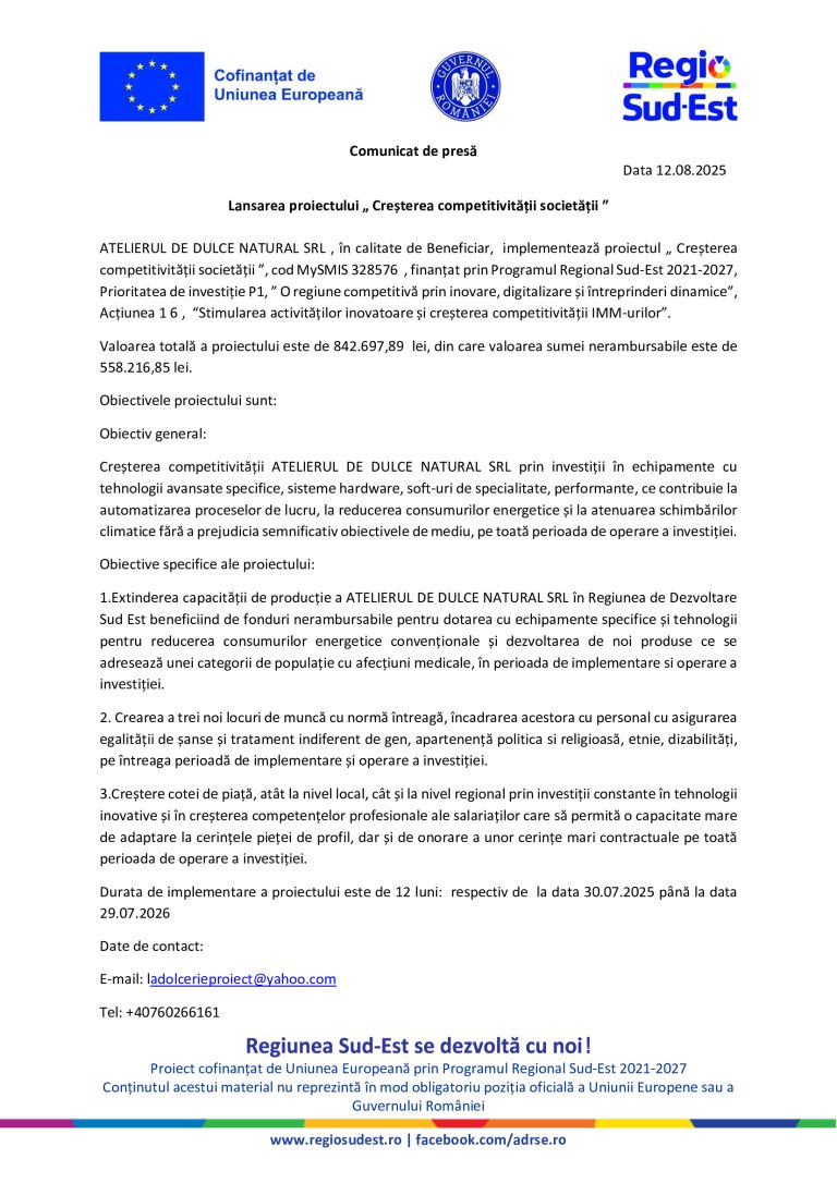 Comunicat de presă ATELIER DE DULCE NATURAL SRL