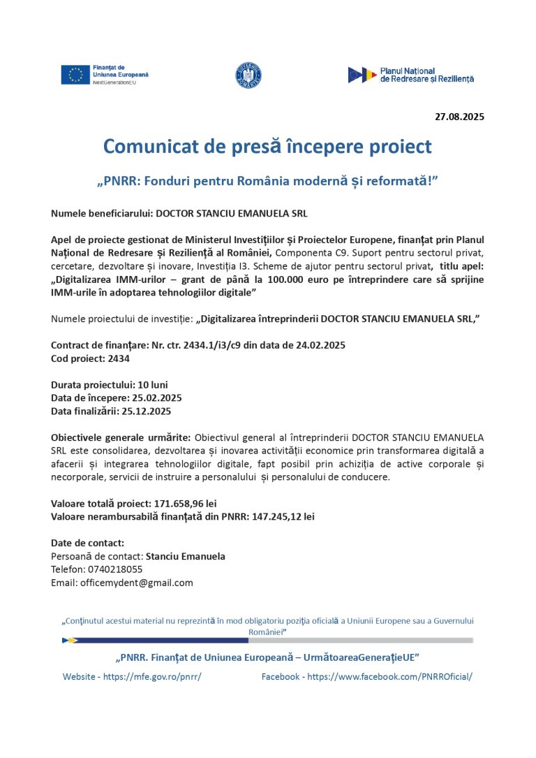 Comunicat de presă SC Doctor Stanciu Emanuela SRL