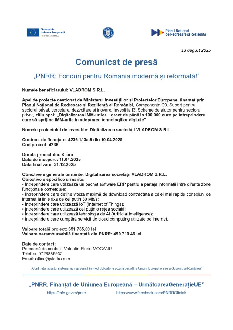 Comunicat de presă VLADROM SRL